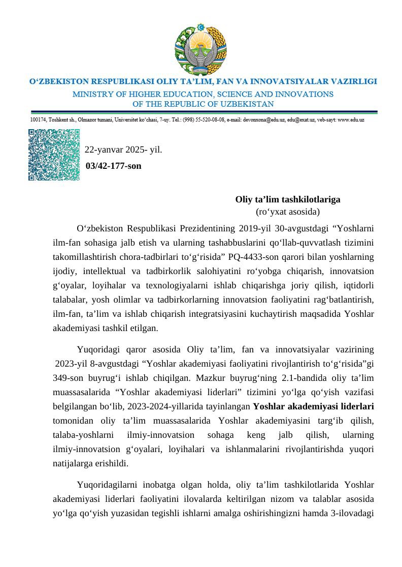 Yoshlar akademiyasi lideri: Talabalar ilm-fan sari